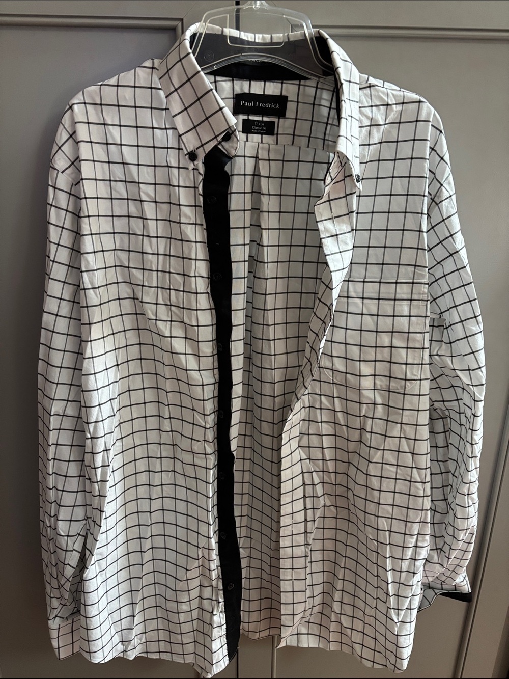 Paul Fredrick White Grid Button-Up Shirt 17x36 Classic Fit